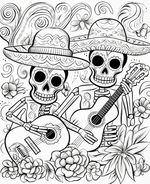 a black and white drawing of two skeletons playing a guitar and a skull with a guitar