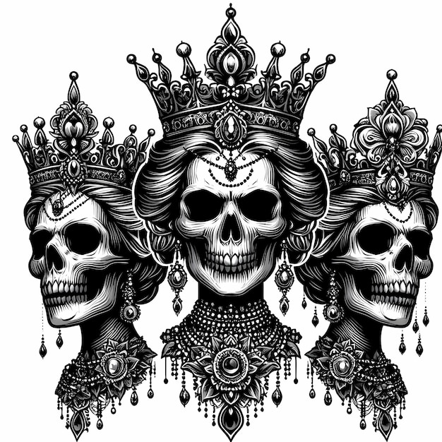 Photo a black and white drawing of two skulls and a skull with a crown