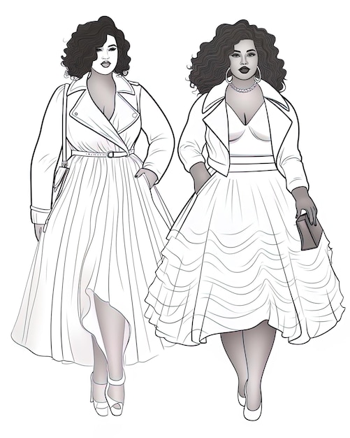 Photo a black and white drawing of two women in a dress