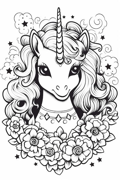 a black and white drawing of a unicorn with flowers generative ai