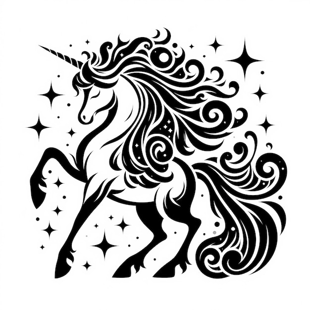 a black and white drawing of a unicorn with stars and stars