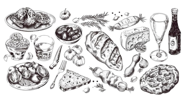 a black and white drawing of a variety of foods including a bottle of wine