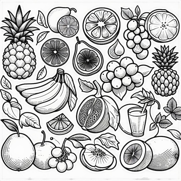 Photo a black and white drawing of various fruits and berries