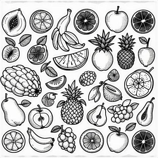 Photo a black and white drawing of various fruits and vegetables