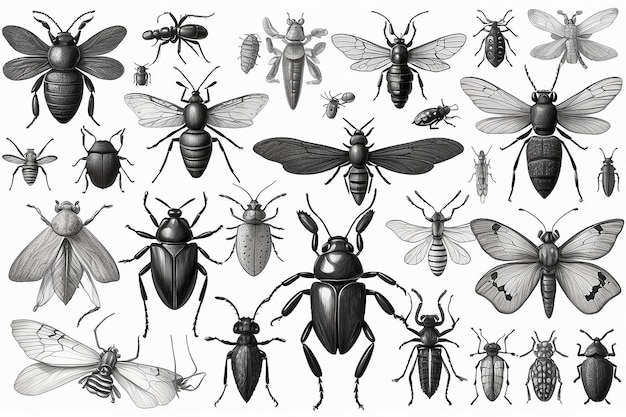 A black and white drawing of various insects and bugs generative ai