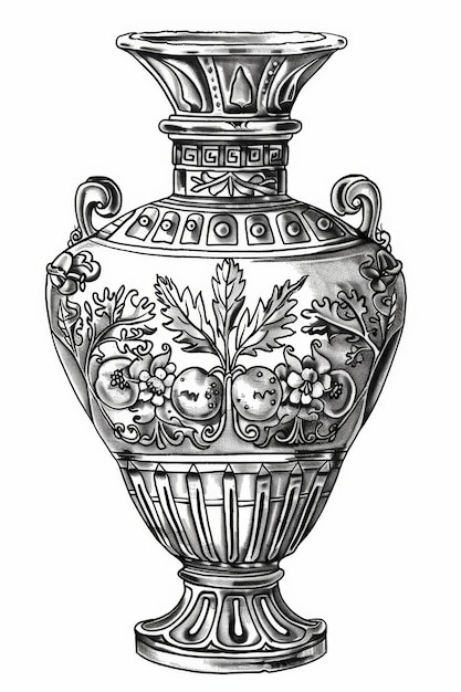 Photo a black and white drawing of a vase with a floral design