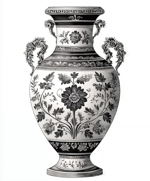 Photo a black and white drawing of a vase with a floral design