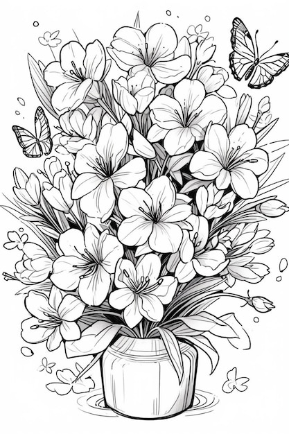 a black and white drawing of a vase with flowers and butterflies generative ai