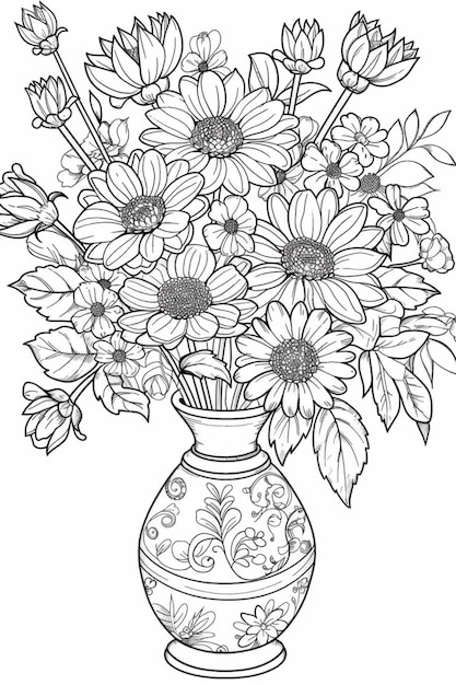 a black and white drawing of a vase with flowers in it generative ai