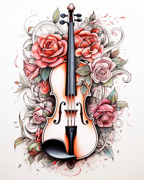 Black and White Drawing of Violin with Roses