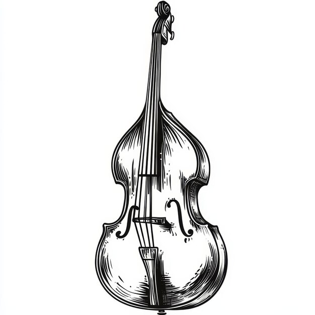 a black and white drawing of a violin with a silver handle