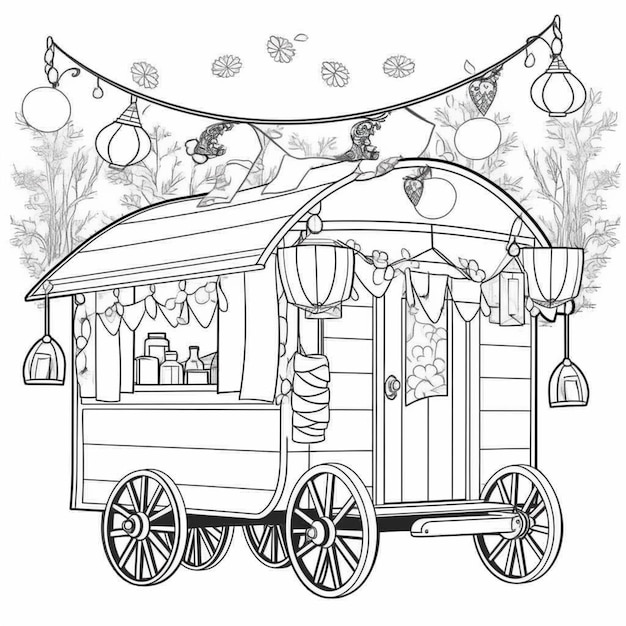 A black and white drawing of a wagon with christmas decorations generative ai