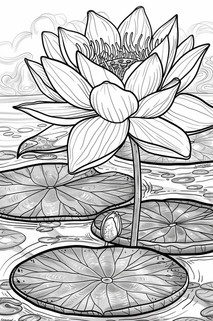 a black and white drawing of a water lily in a pond generative ai