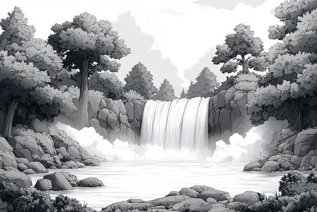 Photo a black and white drawing of a waterfall with trees in the background