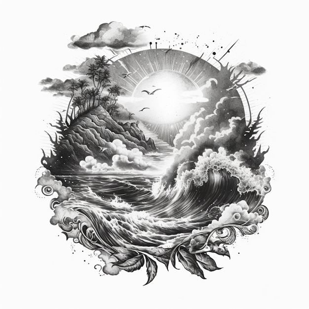 a black and white drawing of a wave crashing into the ocean generative ai