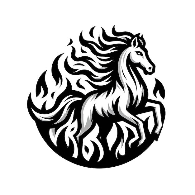 a black and white drawing of a white horse with a flame on it