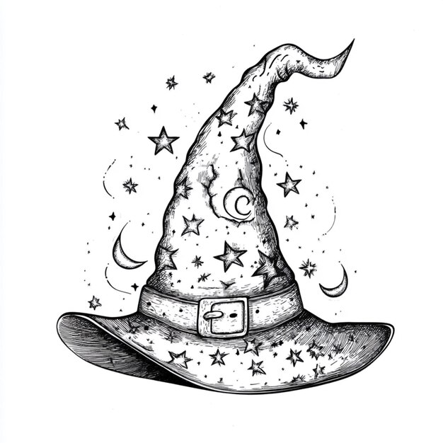 Photo a black and white drawing of a witch hat with stars generative ai