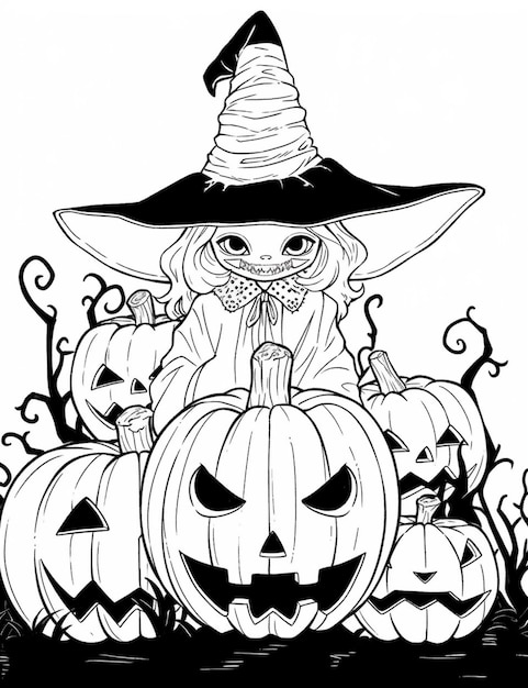 A black and white drawing of a witch sitting on a pumpkin generative ai