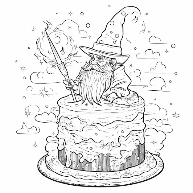 A black and white drawing of a wizard sitting on top of a cake generative ai