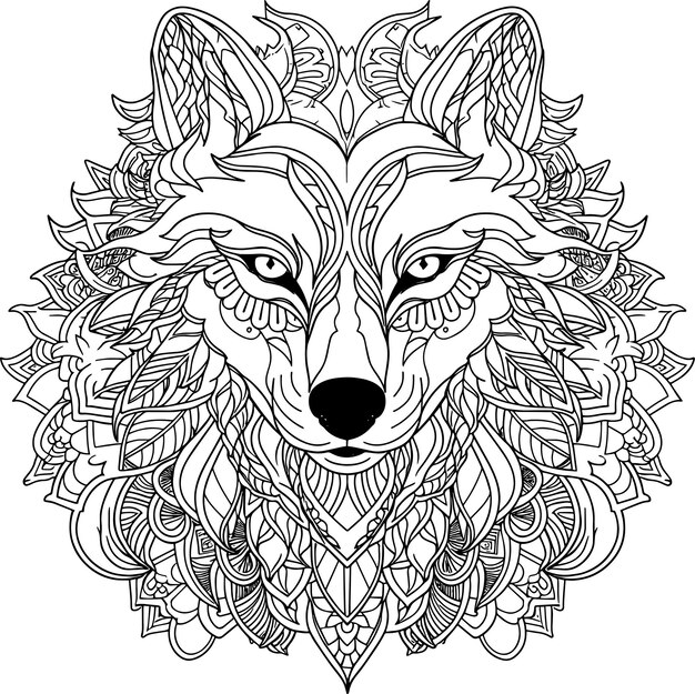 Photo a black and white drawing of a wolf head with a pattern of leaves and flowers