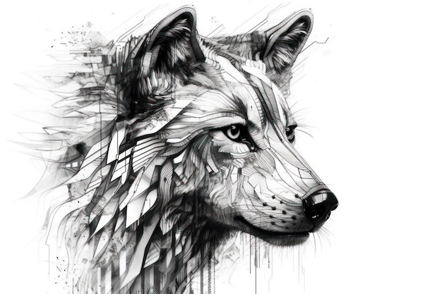 A black and white drawing of a wolf's head.