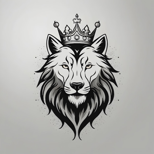 Photo a black and white drawing of a wolf with a crown on it