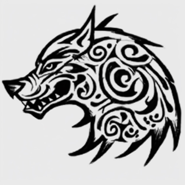 A black and white drawing of a wolf with tribal designs generative ai