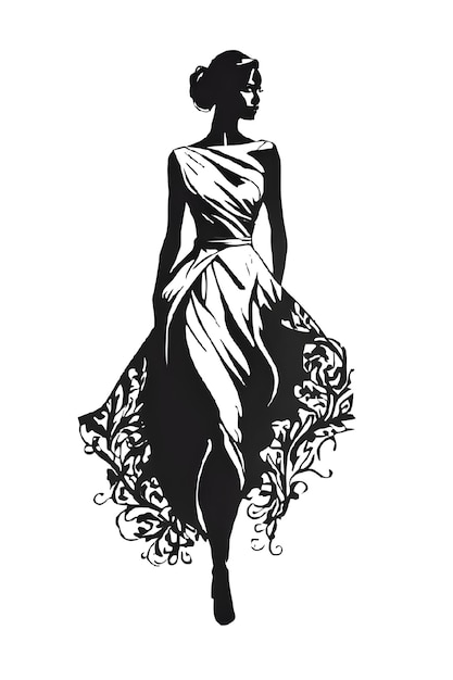 a black and white drawing of a woman in a dress with a floral pattern