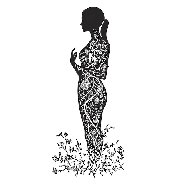 a black and white drawing of a woman in a floral dress with the words  love  on it