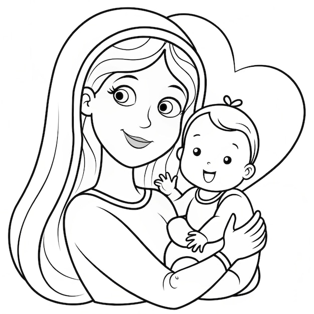 a black and white drawing of a woman holding a baby