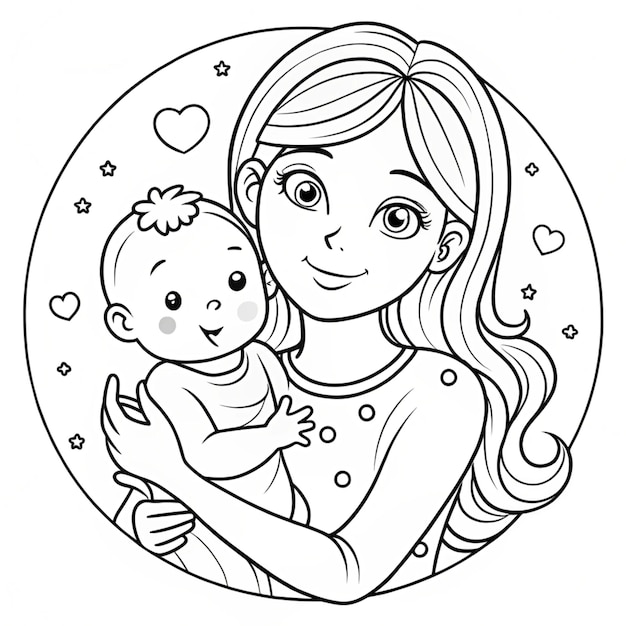 a black and white drawing of a woman holding a baby