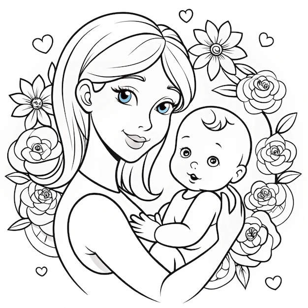 a black and white drawing of a woman holding a baby