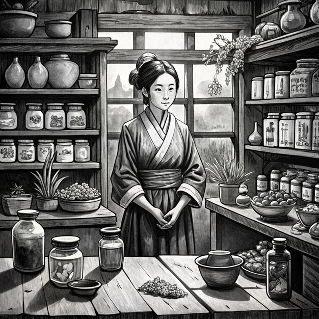 Photo a black and white drawing of a woman in a kitchen with a jar of spices