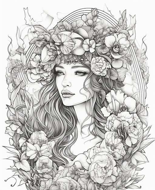 A black and white drawing of a woman wearing a flower crown.