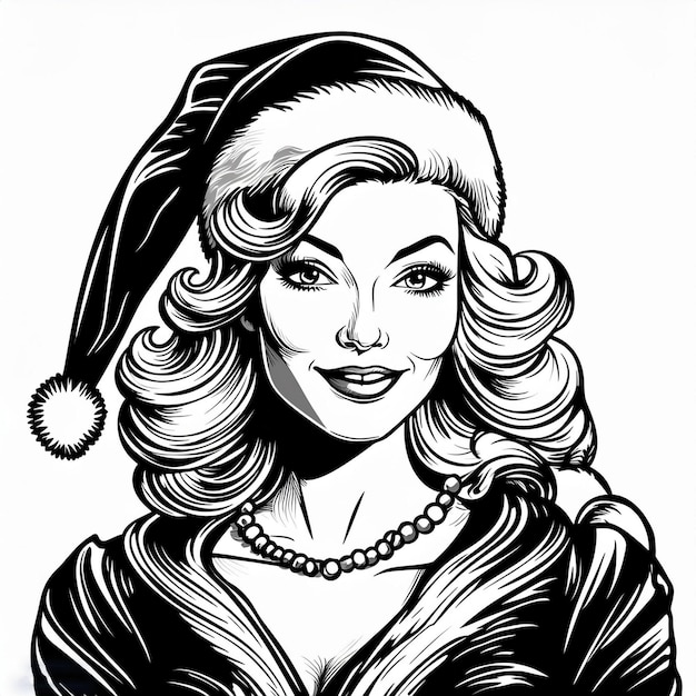 a black and white drawing of a woman wearing a santa hat