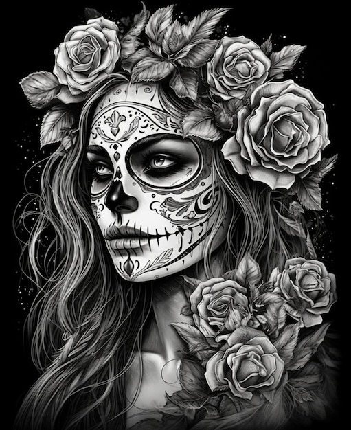 A black and white drawing of a woman with a floral wreath of roses.