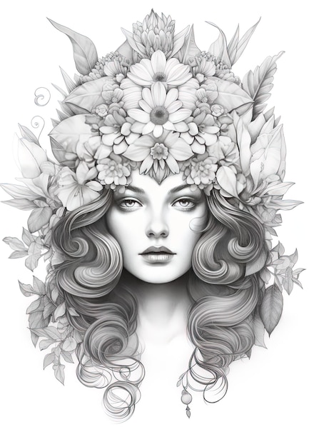 a black and white drawing of a woman with flowers on her head.