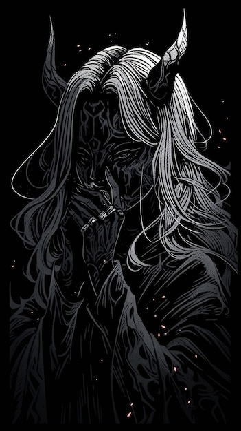 A black and white drawing of a woman with long hair and a long white hair.