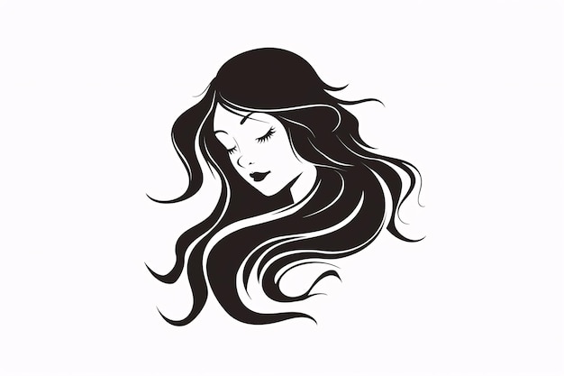 a black and white drawing of a woman with long hair