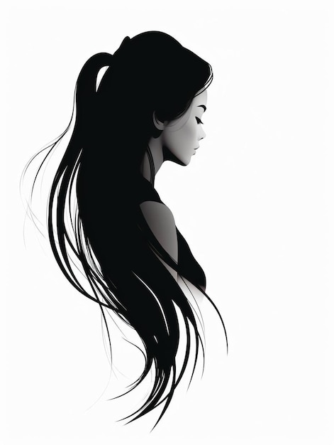 a black and white drawing of a woman with long hair.