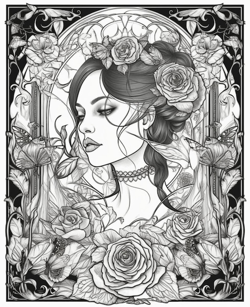 A black and white drawing of a woman with roses on her head.