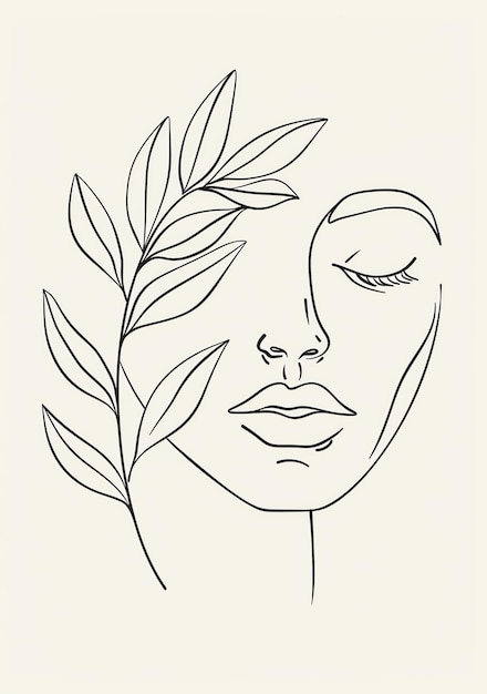 Photo a black and white drawing of a womans face with leaves and leaves