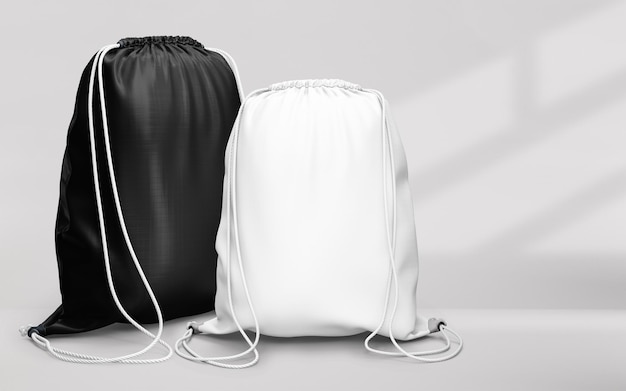 Black and white drawstring pouch mockup isolated on white backgr