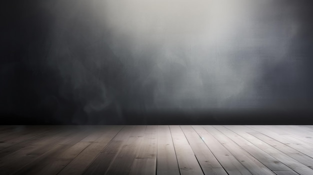 A black and white empty stage with a wooden floor and smoke coming out of it