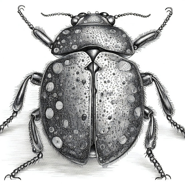 Black and white engraving of a beetle isolated on white background