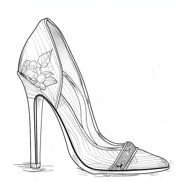 Photo black and white engraving of a high heel shoe with flower