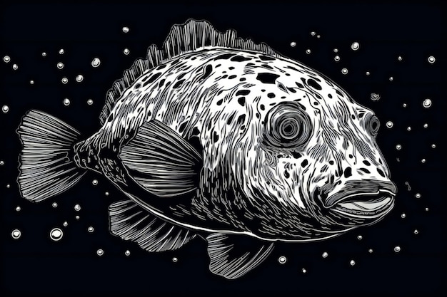 Black and white engraving of a puffer fish