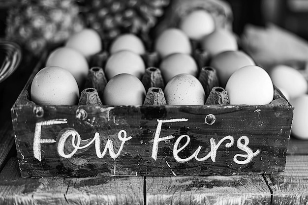 Photo a black and white farm fresh eggs sign