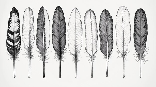 Photo black and white feather illustration bird feathers drawing