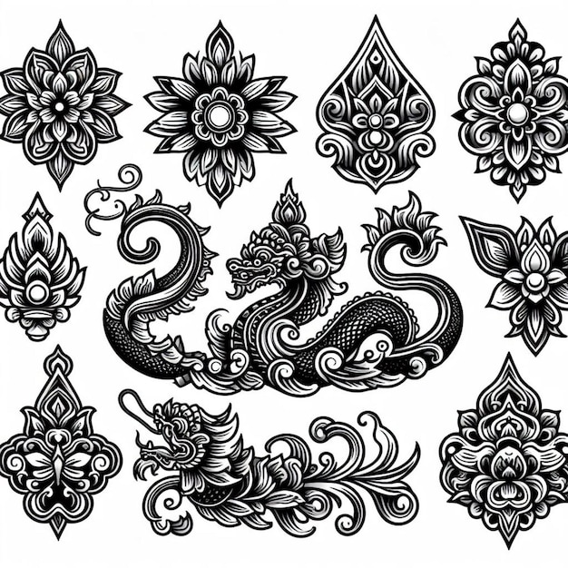 Black and white floral and ornamental designs for decorative purposes in various artistic projects